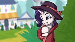 Size: 2700x1519 | Tagged: safe, artist:shido-tara, character:rarity, species:pony, episode:sparkle's seven, g4, my little pony: friendship is magic, clothing, detective rarity, female, scene interpretation, smiling, solo