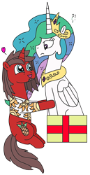 Size: 1168x2264 | Tagged: safe, artist:supahdonarudo, character:princess celestia, oc, oc:ironyoshi, species:pony, box, clothing, excited, exclamation point, heart, holding, pony in a box, present, question mark, shirt, simple background, transparent background