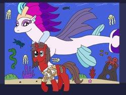 Size: 3281x2483 | Tagged: safe, artist:supahdonarudo, character:queen novo, oc, oc:ironyoshi, species:seapony (g4), my little pony: the movie (2017), aquarium, clothing, coral, eel, fish, jellyfish, looking at each other, octopus, rock, shirt, swimming, walking