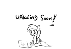 Size: 949x657 | Tagged: safe, artist:datahmedz, character:sunshower raindrops, species:pony, ask, computer, female, laptop computer, monochrome, raindropsanswers, solo, tumblr