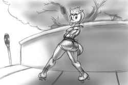 Size: 3000x2000 | Tagged: safe, artist:tracerpainter, oc, oc:spitdash kid, species:anthro, species:earth pony, species:pony, booty shorts, building, graffiti, grayscale, large butt, monochrome, skating, sketch, text, the ass was fat, thunder thighs, tree, wide hips