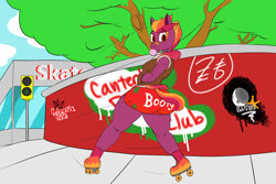 Size: 2160x1440 | Tagged: safe, artist:tracerpainter, oc, oc:spitdash kid, species:anthro, species:earth pony, species:pony, booty shorts, bottom heavy, building, graffiti, large butt, plot, skating, text, the ass was fat, thunder thighs, tree, wide hips