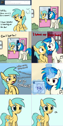 Size: 1502x3007 | Tagged: safe, artist:datahmedz, character:dj pon-3, character:sunshower raindrops, character:vinyl scratch, species:pony, ask, confused, fourth wall, le lenny face, magic, raindropsanswers, tumblr