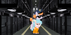 Size: 1675x815 | Tagged: safe, artist:jawsandgumballfan24, character:copper top, character:cozy glow, species:pegasus, species:pony, arrested, clothing, cozybuse, crying, female, filly, jail, jail cell, mare, police officer, prison, prison outfit, sad, sunglasses, wavy mouth