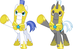 Size: 9000x6000 | Tagged: safe, artist:chainchomp2, species:pegasus, species:pony, species:unicorn, episode:the crystal empire, g4, my little pony: friendship is magic, .svg available, absurd resolution, armor, duo, helmet, hoof shoes, male, pegasus royal guard, raised hoof, royal guard, royal guard armor, simple background, stallion, transparent background, unicorn royal guard, vector