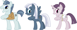 Size: 15094x6000 | Tagged: safe, artist:chainchomp2, character:night glider, character:party favor, character:sugar belle, species:pegasus, species:pony, species:unicorn, episode:the cutie map, g4, my little pony: friendship is magic, .svg available, absurd resolution, apron, burlap, clothing, equal cutie mark, equalized mane, female, hair bun, male, mare, pointing at self, raised hoof, short tail, simple background, stallion, stepford smiler, transparent background, trio, vector