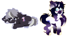 Size: 1024x499 | Tagged: safe, artist:vanillaswirl6, oc, oc only, oc:blackberry, oc:rikka, species:pegasus, species:pony, species:unicorn, blushing, colored hooves, colored muzzle, commission, lying down, photoshop, prone, simple background, spots, squishy cheeks, transparent background