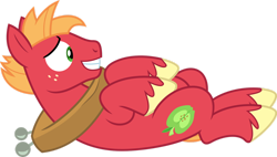 Size: 1600x911 | Tagged: safe, artist:chainchomp2, character:big mcintosh, species:earth pony, species:pony, episode:where the apple lies, g4, my little pony: friendship is magic, .svg available, horse collar, male, on back, palindrome get, sheepish grin, simple background, solo, stallion, transparent background, unshorn fetlocks, vector, younger