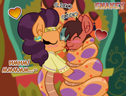 Size: 1000x768 | Tagged: safe, artist:snakeythingy, character:saffron masala, oc, oc:sketchy dupe, species:lamia, blushing, canon x oc, coiling, coils, licking, licking lips, original species, sketchffron, snake pony, story included, tongue out