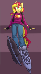 Size: 1340x2428 | Tagged: safe, artist:tigra0118, character:sunset shimmer, species:anthro, species:plantigrade anthro, species:pony, clothing, colored pupils, female, fingerless gloves, gloves, ice skates, jeans, mare, no nose, pants, smiling, solo, sweater, vest