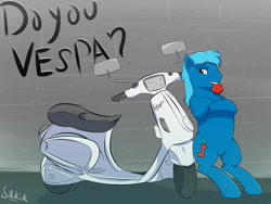 Size: 1600x1200 | Tagged: safe, artist:sidekick, oc, oc only, species:earth pony, species:pony, apple, bipedal, food, leaning, male, moped, mouth hold, solo, stallion, standing, text, vespa