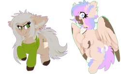 Size: 1024x632 | Tagged: safe, artist:vanillaswirl6, oc, oc only, oc:dee, oc:silver slate, species:earth pony, species:pegasus, species:pony, amputee, bandage, clothing, colored hooves, ear piercing, hair accessory, markings, piercing, simple background, surprised, sweater, transparent background