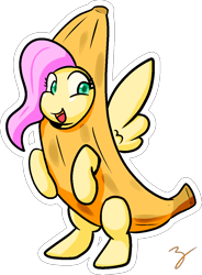 Size: 892x1210 | Tagged: safe, artist:zutcha, character:fluttershy, species:pony, banana, banana suit, bananashy, bipedal, clothing, costume, cute, female, food, food costume, shyabetes, signature, simple background, solo, transparent background