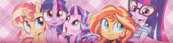Size: 1920x480 | Tagged: safe, artist:k-nattoh, character:starlight glimmer, character:sunset shimmer, character:twilight sparkle, character:twilight sparkle (alicorn), character:twilight sparkle (scitwi), species:alicorn, species:eqg human, species:pony, species:unicorn, my little pony:equestria girls, cute, female, human ponidox, mare, ponidox, self ponidox, smiling