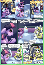 Size: 2160x3168 | Tagged: safe, artist:firefanatic, character:discord, character:fluttershy, character:twilight sparkle, character:twilight sparkle (alicorn), species:alicorn, species:pony, comic:friendship management, asgore dreemurr, comic, cup, dialogue, fluffy, messy mane, table, teacup, undertale, what is hoo-man