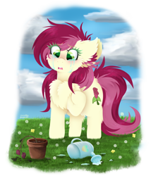 Size: 810x945 | Tagged: safe, artist:vanillaswirl6, character:roseluck, species:pony, background pony, chest fluff, cloud, crying, d:, dandelion, dead flowers, ear fluff, female, flower, grass, heart eyes, heartbreak, leaves, open mouth, photoshop, potted plant, raised hoof, rose, sad, solo, water, watering can, wingding eyes