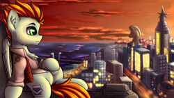 Size: 2700x1519 | Tagged: safe, artist:shido-tara, oc, oc only, species:pegasus, species:pony, bridge, city, cityscape, clothing, commission, crystaller building, evening, lights, male, manehattan, scenery, smiling, solo, sunset