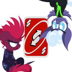 Size: 1000x1000 | Tagged: safe, artist:dragonpone, derpibooru original, character:rolling thunder, character:tempest shadow, species:pegasus, species:pony, species:unicorn, episode:the washouts, g4, my little pony: friendship is magic, angry, blush sticker, blushing, broken horn, card, cheek fluff, clothing, duo, eye scar, female, floppy ears, frown, horn, lineless, mare, reverse card, scar, simple background, sitting, smiling, transparent background, uniform, uno, upside down, washouts uniform