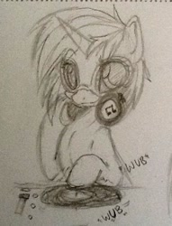 Size: 435x569 | Tagged: safe, artist:laceymod, character:dj pon-3, character:vinyl scratch, species:pony, female, monochrome, solo, traditional art, wub