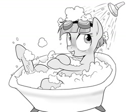 Size: 1345x1200 | Tagged: safe, artist:k-nattoh, character:windy whistles, species:pegasus, species:pony, bath, bathing, bathtub, bubble bath, claw foot bathtub, female, goggles, grin, mare, monochrome, shower, smiling, solo