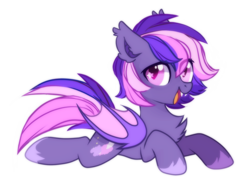 Size: 2300x1700 | Tagged: safe, artist:mirtash, rcf community, oc, oc only, oc:midnight mist, species:bat pony, species:pony, bat pony oc, chest fluff, fangs, female, mare, open mouth, prone, simple background, smiling, solo, starry eyes, white background, wingding eyes