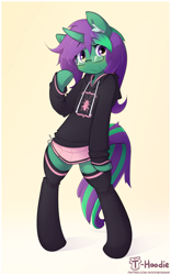 Size: 935x1497 | Tagged: safe, artist:hoodie, oc, oc only, oc:buggy code, species:pony, species:unicorn, arm hooves, bipedal, clothing, cute, female, glasses, hoodie, mare, miniskirt, ocbetes, pleated skirt, semi-anthro, skirt, socks, solo, thigh highs, zettai ryouiki
