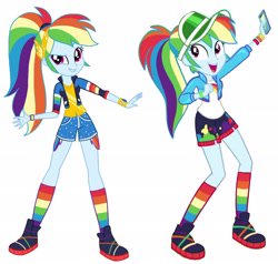 Size: 2891x2751 | Tagged: safe, artist:ilaria122, edit, character:rainbow dash, episode:festival filters, g4, my little pony: equestria girls, my little pony:equestria girls, spoiler:eqg series (season 2), clothing, comparison, cute, dashabetes, iphone, rainbow socks, shoes, simple background, sneakers, socks, striped socks, white background