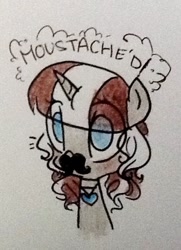 Size: 408x565 | Tagged: safe, artist:laceymod, species:pony, species:unicorn, ask lovelace, fake moustache, female, mare, solo, traditional art