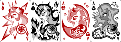 Size: 2540x889 | Tagged: safe, artist:virenth, character:daybreaker, character:nightmare moon, character:princess celestia, character:princess luna, species:pony, ace of clubs, ace of diamonds, ace of hearts, ace of spades, playing card