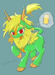 Size: 1512x2048 | Tagged: safe, artist:noupu, oc, oc only, species:kirin, alcohol, beer, female, kirin oc, raised hoof, simple background, solo, thought bubble