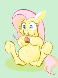 Size: 410x546 | Tagged: safe, artist:noupu, character:fluttershy, species:pegasus, species:pony, belly, belly button, big belly, chubby, eating, fat, fattershy, female, food, mare, pie, simple background, solo, underhoof