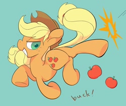 Size: 1932x1628 | Tagged: safe, artist:noupu, character:applejack, species:earth pony, species:pony, apple, butt, female, food, mare, obligatory apple, plot, smiling, smirk, solo