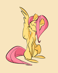 Size: 643x805 | Tagged: safe, artist:fluttershythekind, character:fluttershy, species:pegasus, species:pony, behaving like a bird, female, mare, missing cutie mark, preening, simple background, sitting, solo, yellow background