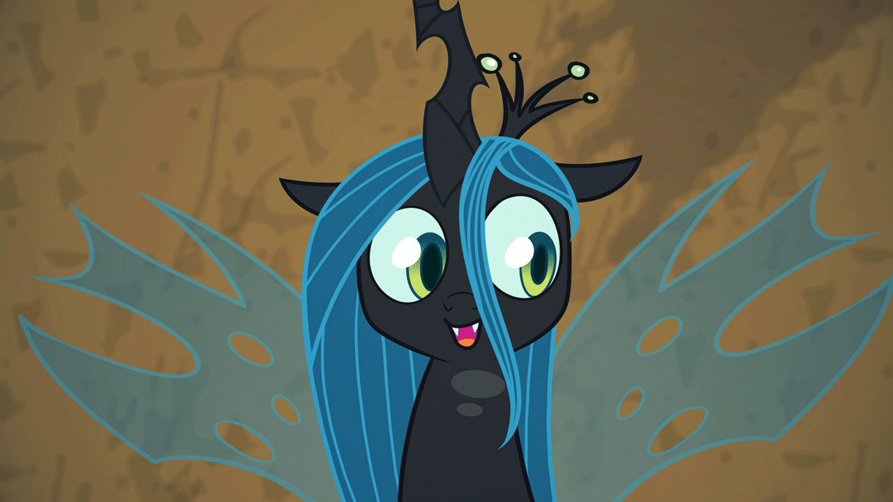 Size: 1280x720 | Tagged: safe, artist:eqamrd, character:queen chrysalis, species:changeling, episode:frenemies, g4, my little pony: friendship is magic, animated, changeling queen, cute, cute little fangs, cutealis, dawwww, eye shimmer, fangs, featured on derpibooru, female, gif, happy, headbob, highlights, hnnng, horn, metronome, open mouth, party soft, perfect loop, smiling, solo, teeth, tongue out, weapons-grade cute, wings