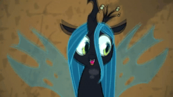 Size: 1280x720 | Tagged: safe, artist:eqamrd, character:queen chrysalis, species:changeling, episode:frenemies, g4, my little pony: friendship is magic, animated, changeling queen, cute, cutealis, fangs, female, happy, headbob, highlights, horn, music, necc, open mouth, party soft, perfect loop, smiling, solo, sound, teeth, tongue out, wat, webm, wings