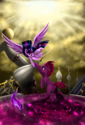 Size: 4100x6000 | Tagged: safe, artist:darksly, character:tempest shadow, character:twilight sparkle, character:twilight sparkle (alicorn), species:alicorn, species:pony, species:unicorn, my little pony: the movie (2017), allegory, balcony, broken horn, female, holding hooves, horn, mare, reaching out, rearing, redemption