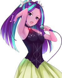 Size: 640x800 | Tagged: safe, artist:weiliy, character:aria blaze, equestria girls:rainbow rocks, g4, my little pony: equestria girls, my little pony:equestria girls, anime, ariabetes, armpits, bare shoulders, clothing, cute, dress, female, gem, microphone, pigtails, simple background, siren gem, sleeveless, solo, transparent background
