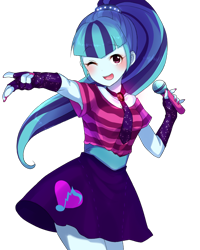 Size: 640x800 | Tagged: safe, artist:weiliy, character:sonata dusk, my little pony:equestria girls, anime, armpits, blushing, clothing, cute, dress, female, fingerless gloves, gem, gloves, microphone, nail polish, necktie, one eye closed, open mouth, simple background, siren gem, solo, sonatabetes, transparent background, wink