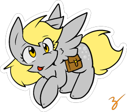 Size: 911x801 | Tagged: safe, artist:zutcha, character:derpy hooves, species:pegasus, species:pony, female, flying, mare, open mouth, outline, saddle bag, signature, simple background, solo, spread wings, transparent background, wings