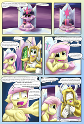 Size: 1178x1728 | Tagged: safe, artist:firefanatic, character:fluttershy, character:twilight sparkle, character:twilight sparkle (alicorn), species:alicorn, species:pony, comic:friendship management, asgore dreemurr, chest fluff, comic, cup, dialogue, fluffy, frog (hoof), table, teacup, underhoof, undertale, what is hoo-man