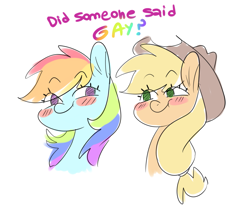 Size: 1981x1693 | Tagged: safe, artist:kaikururu, character:applejack, character:rainbow dash, species:earth pony, species:pegasus, species:pony, ship:appledash, applejack's hat, blushing, clothing, cowboy hat, female, grammar error, hat, lesbian, looking at each other, mare, ponytail, pride, pride month, rainbow colors, shipping, simple background, stetson, text, white background