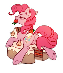 Size: 721x838 | Tagged: safe, artist:tomatocoup, edit, character:pinkie pie, species:earth pony, species:pony, balloonbutt, blushing, butt, cake, cute, diapinkes, dock, eyes closed, featureless crotch, female, food, foodplay, mare, mouth hold, plot, rear view, sfw edit, simple background, solo, strawberry, underhoof, white background