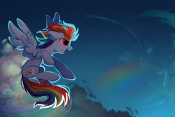 Size: 2449x1632 | Tagged: safe, artist:mirtash, rcf community, character:rainbow dash, species:pegasus, species:pony, g4, cloud, cute, dashabetes, ear fluff, female, flying, mare, night, open mouth, profile, signature, sky, solo, spread wings, upside down cutie mark, wings