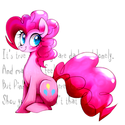 Size: 1000x1000 | Tagged: safe, artist:mirtash, rcf community, character:pinkie pie, species:pony, blushing, cute, female, lyrics, mare, simple background, sitting, smile song, solo, text, transparent background