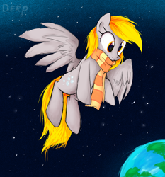 Size: 2800x3000 | Tagged: safe, artist:mirtash, rcf community, character:derpy hooves, species:pegasus, species:pony, clothing, female, mare, planet, scarf, solo, space, spread wings, stars, wings