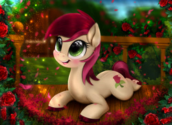 Size: 6300x4550 | Tagged: safe, artist:darksly, character:roseluck, species:earth pony, species:pony, blushing, cute, cuteluck, detailed, female, flower, frog (hoof), happy, hoofbutt, horseshoes, mare, prone, rose, shiny hoof, solo, underhoof