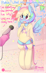 Size: 1700x2689 | Tagged: safe, artist:hoodie, character:pinkie pie, character:rainbow dash, species:pegasus, species:pony, blushing, care mare, clothing, cute, dashabetes, dawwww, hnnng, hoodie, implied flutterdash, implied lesbian, implied shipping, microphone, parade, pride, semi-anthro, socks, solo focus, thigh highs