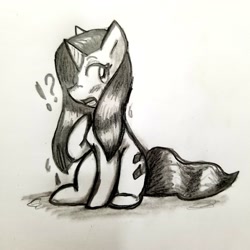 Size: 1280x1280 | Tagged: safe, artist:zutcha, character:rarity, species:pony, species:unicorn, female, monochrome, solo, surprised, traditional art, wet mane