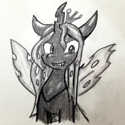 Size: 1280x1280 | Tagged: safe, artist:zutcha, character:queen chrysalis, species:changeling, changeling queen, female, monochrome, smiling, solo, traditional art