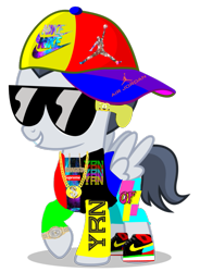 Size: 749x1017 | Tagged: safe, artist:chrzanek97, artist:jawsandgumballfan24, character:rumble, species:pegasus, species:pony, bling, clothing, gold chains, hat, hype beast, jacket, letterman jacket, male, nike, odd future, shoes, shorts, sneakers, solo, sunglasses, supreme